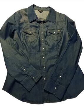 Guess Dark Blue Denim Snap-Front Western Shirt Jacket